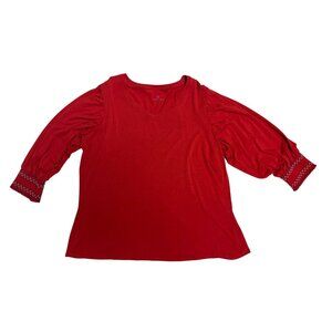 Laurie Felt 1X Red 3/4 Sleeve Top Elasticized Embroidered Cuffs Bamboo Blend
